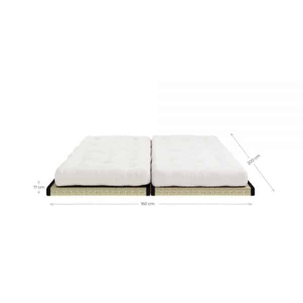 Chico futonbaddsoffa fran Danska Karup design utlagd bredvid varandra med matt