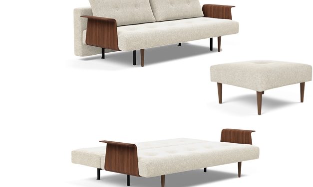 Recast bäddsoffa med valnötsarmstöd + pall från Danska Innovation Living paketpris