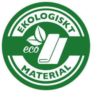 Ekologiskt Material ECO - rund logotyp, grön bakgrund och vit text med två ikoner i mitten: ett löv och ett bunt av tyg