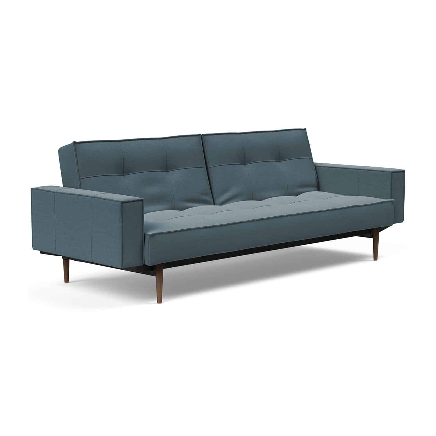 Innovation Living Splitback Styletto Sofa Bed Dark Wood With Arms 573 Vivus Dusty Blue